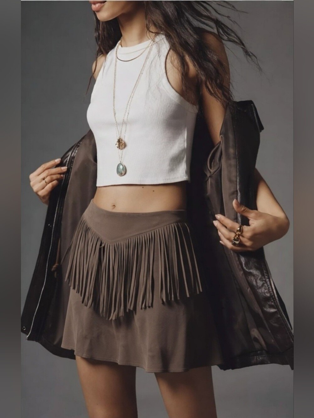 BCNU Be Seeing You Brown Faux Suede Fringe Skirt